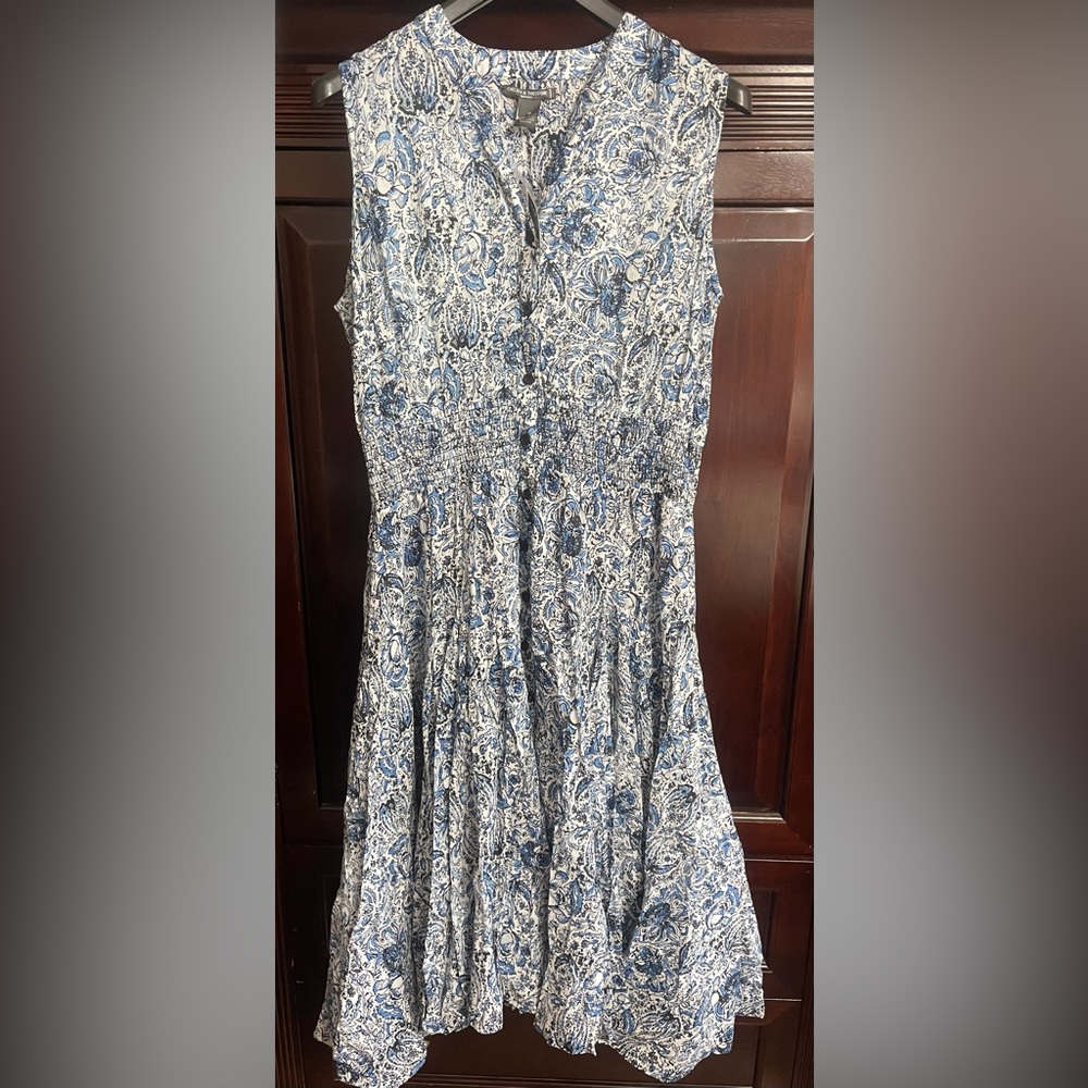 Women’s Chelsea & Theodore sleeveless maxi dress in blue and white pattern, 1X